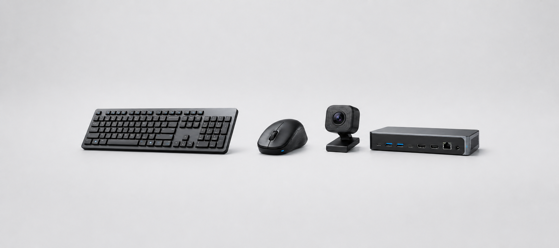 Keyboard, computer mouse, webcam and laptop docking station
